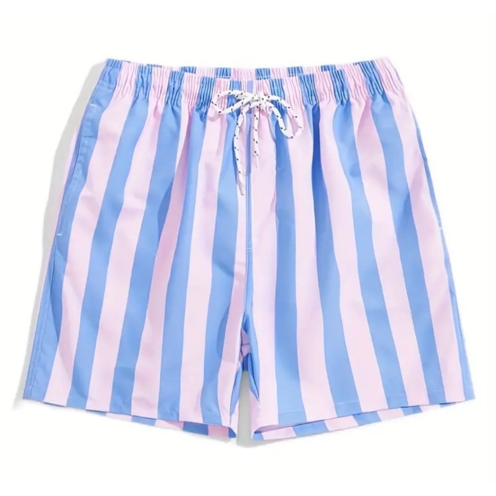BNWT Isabelle LaRue Men's Light Blue and Pink Stripe Swim Shorts - Medium